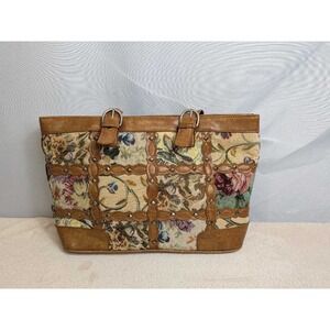Bueno Tapestry Floral Tote Bag Studded Leather Trim Shoulder Handbag